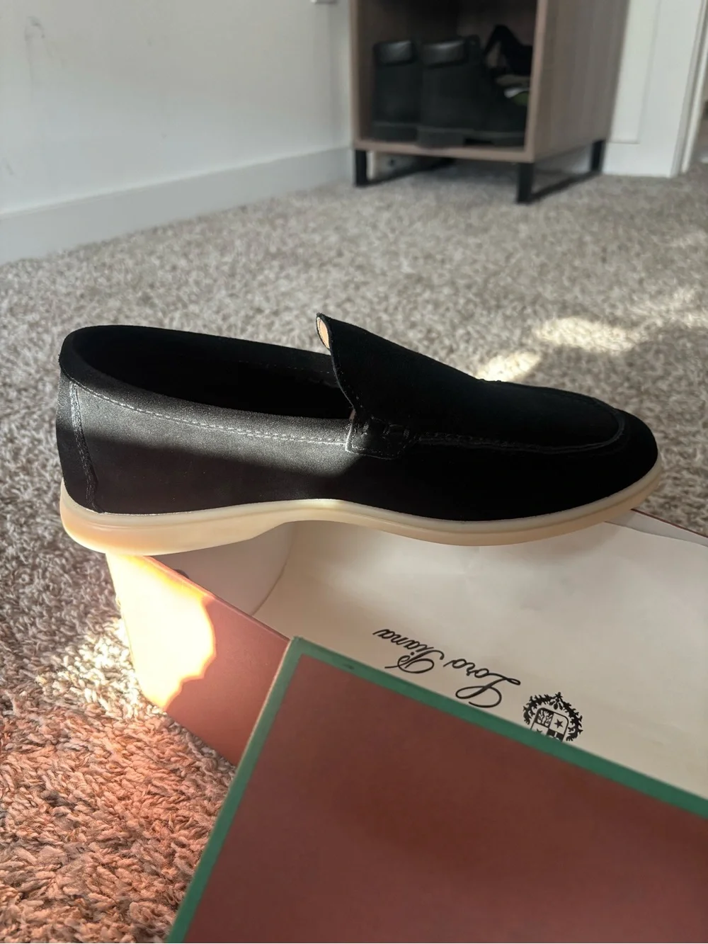 Loro Piana Black Suede Loafers with Cream Sole